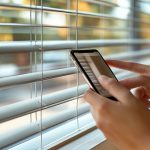 A person controlling smart blinds with a smartphone, with the blinds partially open at Today's Window Fashions near Andover, MN