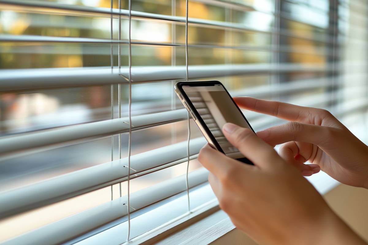 A person controlling smart blinds with a smartphone, with the blinds partially open at Today's Window Fashions near Andover, MN